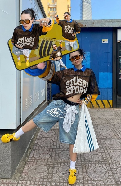 mesh top, sports jersey, graphic mesh shirt, oversized mesh jersey, athletic top, streetwear top, brand awareness, new arrival, outdoor, editorial, energetic, bold, yellow, blue, black